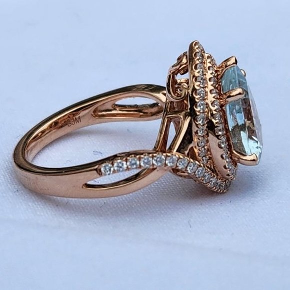 14K rose gold ring with aquamarine stone and diamonds halo - Picture 13 of 15